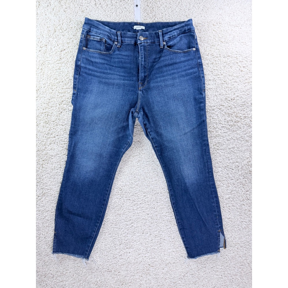 Good American Skinny Jeans Women 18 Blue Raw Hem Side Slit High Rise Denim